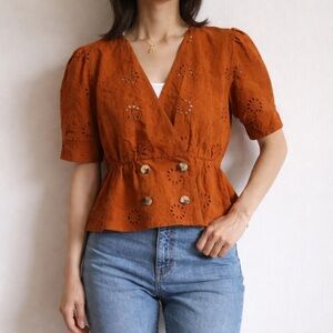 Zara Rust Eyelet Wrap Blouse Cotton Peplum Top